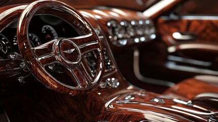A highly detailed 3D rendering of a luxury car interior, with detailed leather textures, polished wood accents, and ambient lighting.