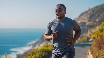 A man runs along a coastal road, wearing sunglasses, with a beautiful ocean view and hills in the background.