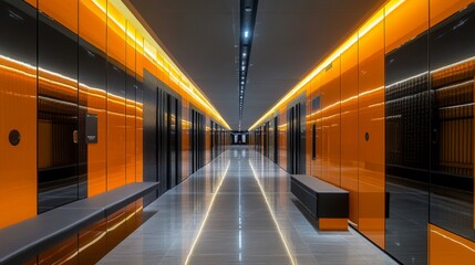 Modern Interior Corridor with Orange Walls and Black Doors