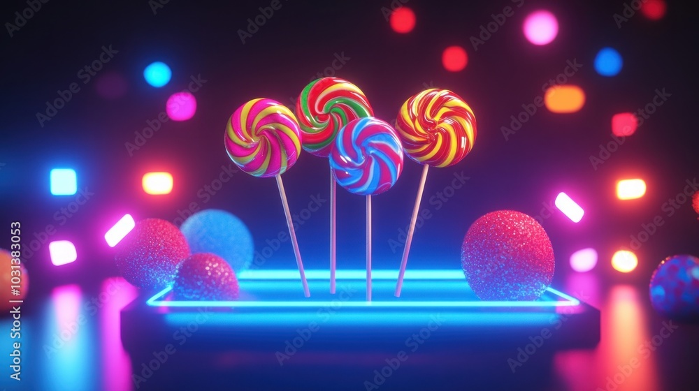 Poster four colorful swirl lollipops on sticks arranged in a square on a neon blue platform with colorful s