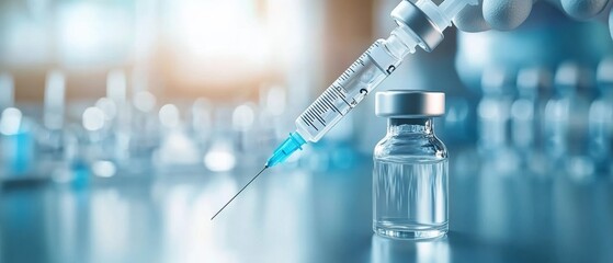 Close-up of a syringe filling from a vaccine vial in a bright lab, symbolizing health and medical advancement.