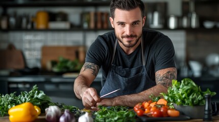 Fototapeta premium A cheerful chef prepares fresh ingredients in a stylish kitchen, showcasing a vibrant array of vegetables on the counter.