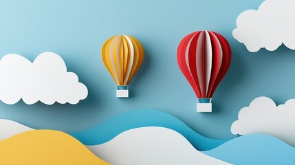Fototapeta premium Colorful hot air balloons floating in a blue sky with clouds and hills.