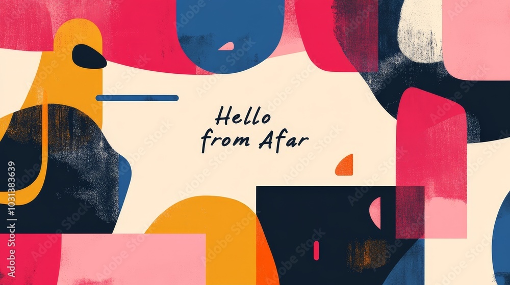 Poster a modern postcard design featuring abstract shapes and bold colors, with a short message like 