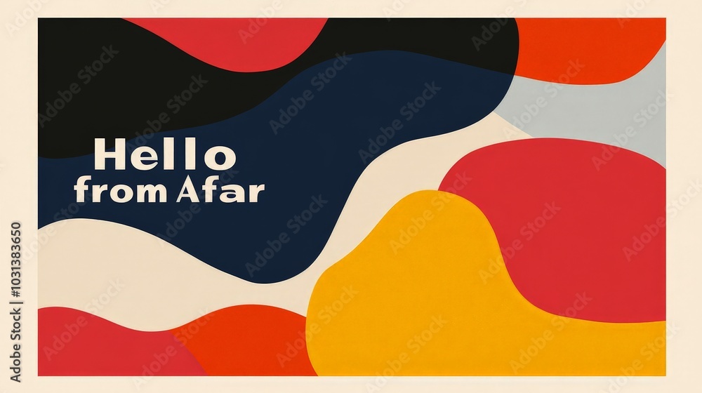 Poster a modern postcard design featuring abstract shapes and bold colors, with a short message like 