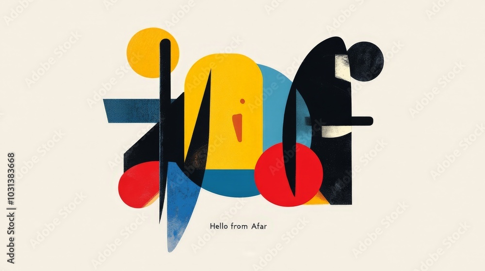 Poster a modern postcard design featuring abstract shapes and bold colors, with a short message like 