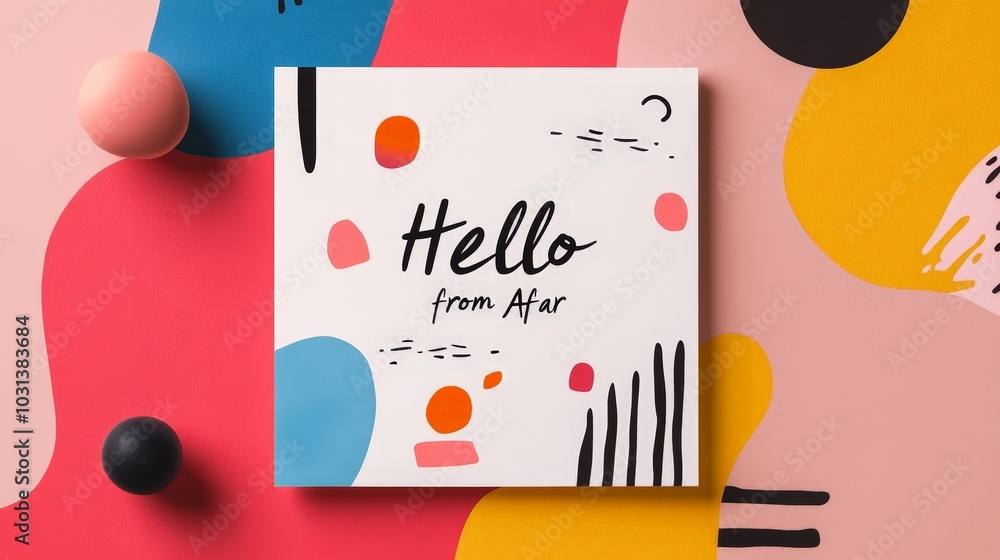 Poster a modern postcard design featuring abstract shapes and bold colors, with a short message like 