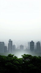 A front view of a city smog gradually lifting, revealing green rooftops, parks, and cleaner streets below