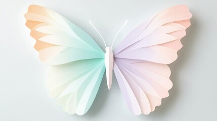 Colorful paper butterfly with pastel wings, white isolated background.