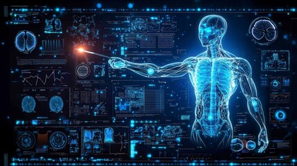 Futuristic human anatomy with digital interface and data visualization elements