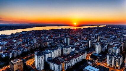 Fototapeta premium At sunset in the city center, sunset and night sky, the view of the city where the sun sets, the brilliant sunset, the beautiful sunset, the brilliant sunset, the brilliant sunset