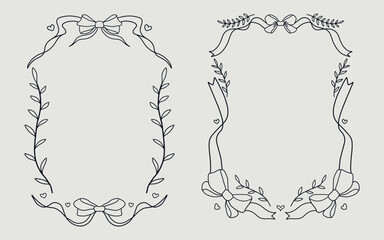 Floral frame set vintage style with ribbon bow and love element. line art style.