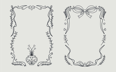 Floral frame set vintage style with ribbon bow, vase and love element. line art style.