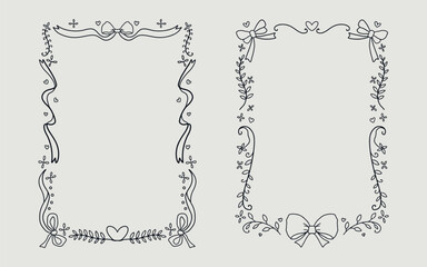 Floral frame border set vintage style with ribbon bow and love element. line art style.