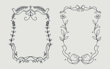 Floral frame set vintage style with ribbon bow and love element. line art style.