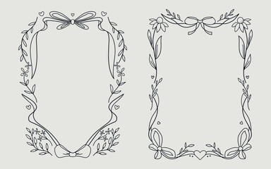 Floral frame border set vintage style with ribbon bow and love element. line art style.
