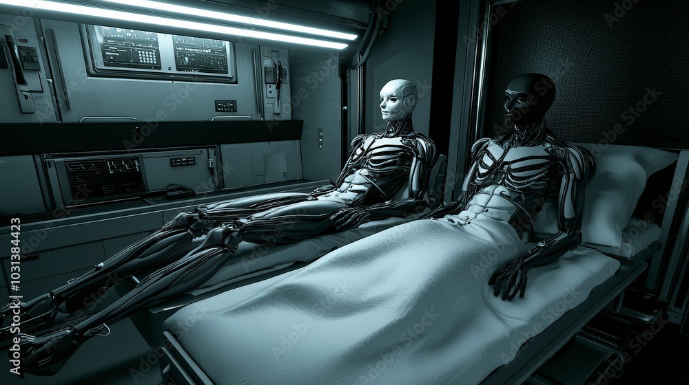 Poster futuristic robots resting on beds in a high-tech environment