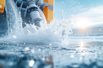Naklejka premium Close-up of water splashing from a nozzle, capturing dynamic movement and sunlight, perfect for environmental or industrial projects.