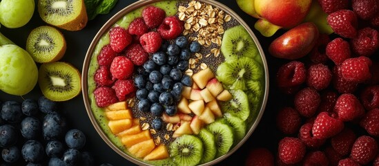 ** Vibrant and Colorful Fruit Bowl with Fresh Berries, Kiwi, and Melon Surrounded by Assorted Fruits on a Dark Background..**