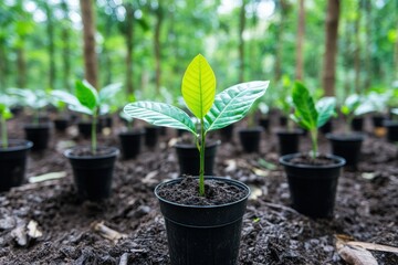 Close-up of young plants in black pots, thriving in lush green forest, symbolizing growth and sustainability.