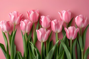Fototapeta premium A group of pink tulips against a pink background