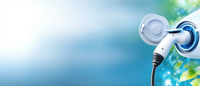 Close-up view of an electric vehicle charging connector with a blurred background, symbolizing sustainable energy and eco-friendly transport.