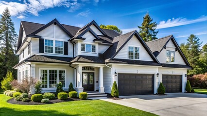 Elegant Large White House with Black Roof and Trim, Perfect for Real Estate Showcase