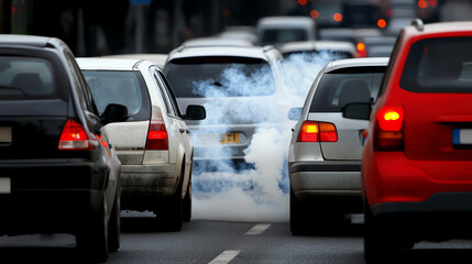 A front view of vehicles stuck in traffic, releasing exhaust fumes into the atmosphere, contributing to air pollution