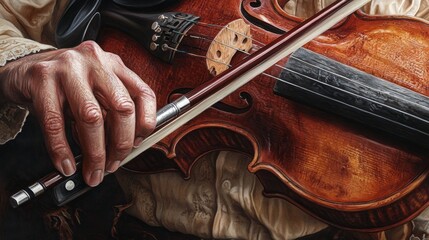 A highly detailed close-up of a musician playing a violin, showing the bow gliding over the...