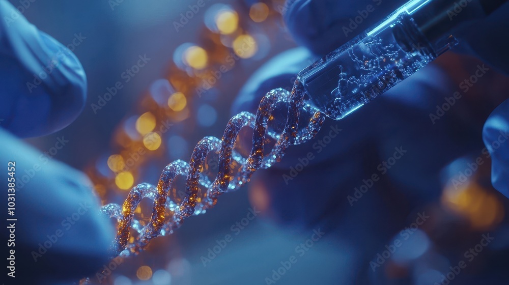 Wall mural close-up of scientist handling dna helix with pipette in laboratory setting with blue and orange lig