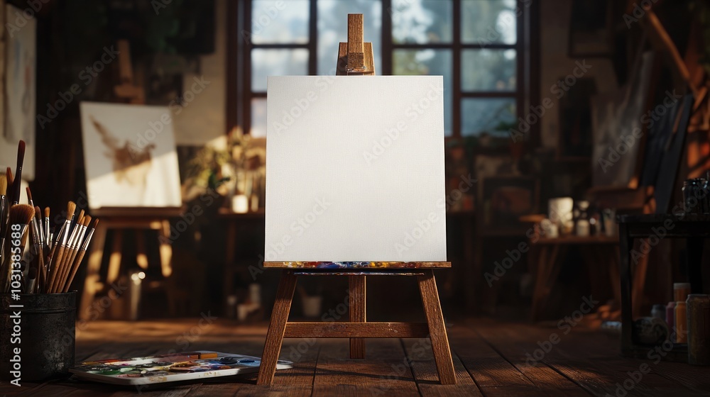 Poster a blank canvas on an easel in an artist's studio with a window in the background and various art sup