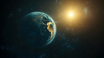 Obraz premium A stunning view of Earth illuminated by the sun in space.