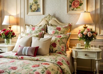 Elegant Minimalist Bedroom with Luxurious Floral Bedding and Plush Pillow