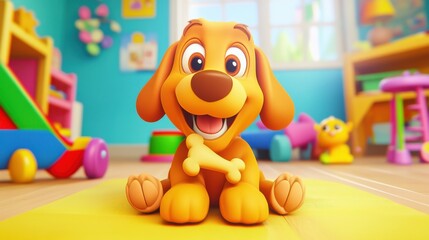 Fototapeta premium Cute Cartoon Dog with a Bone in Playroom Setting