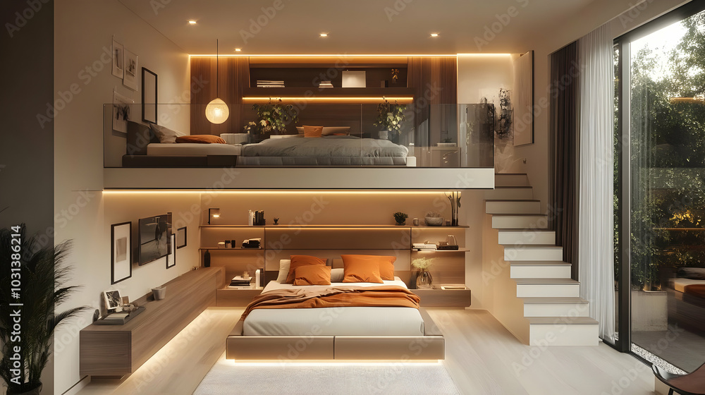 Sticker Modern bedroom design with minimalist decor and warm lighting.