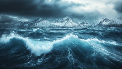 Fototapeta premium A dramatic seascape with large waves crashing in the foreground and snow-capped mountains in the background under a stormy sky.