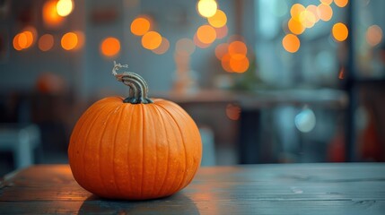 a small orange pumpkin sitting on top of a wooden table