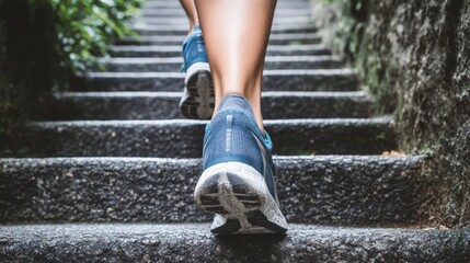 A person is ascending stairs wearing athletic shoes, showcasing a focus on fitness and an active lifestyle in a natural setting.