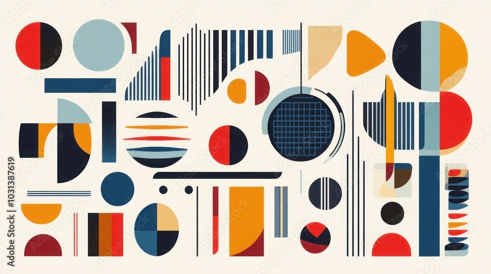 Aufkleber a collection of abstract geometric shapes in various colors and patterns, set against a white backgr