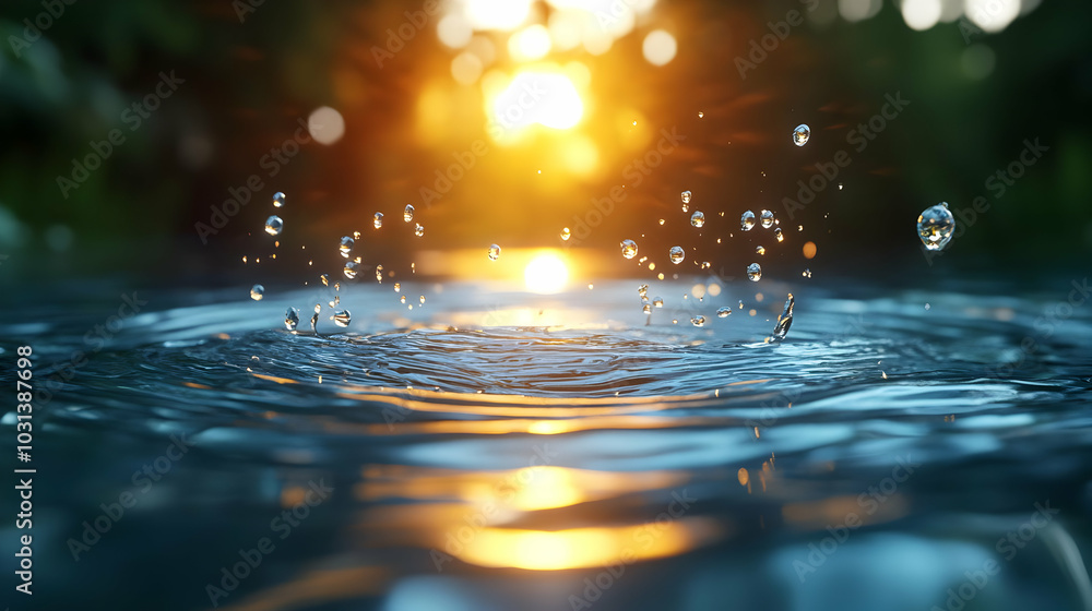 Poster sunlight reflecting on water with droplets creating ripples.