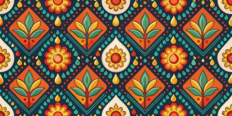 Elegant Retro Geometric Seamless Pattern with Fire and Pear Motifs for Trendy Designs