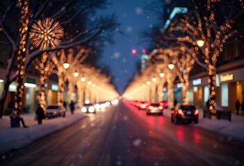 A quiet winter evening envelops a city street, where gently falling snow enhances the glow of Christmas lights. The festive atmosphere attracts people celebrating the New Year. Generative AI