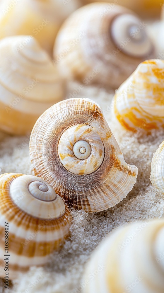 Aufkleber intricate seashell patterns, close-up view showcasing delicate spirals and textures of seashells aga