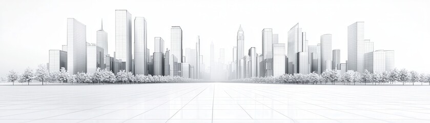 Fototapeta premium Wireframe 3D city skyline with tall skyscrapers and tree-lined streets in a futuristic urban planning design