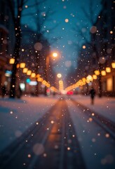 A quiet winter evening envelops a city street, where gently falling snow enhances the glow of Christmas lights. The festive atmosphere attracts people celebrating the New Year. Generative AI
