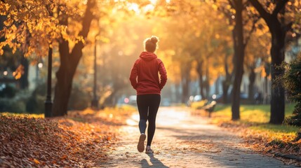 Obraz premium A person jogs along a picturesque path surrounded by vibrant autumn foliage, enjoying a sunny day in a serene park setting.