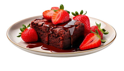 A brownie served with a side of fresh strawberries and a drizzle of chocolate sauce,