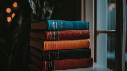 Naklejka premium Stack of colorful books beside a window with warm lighting