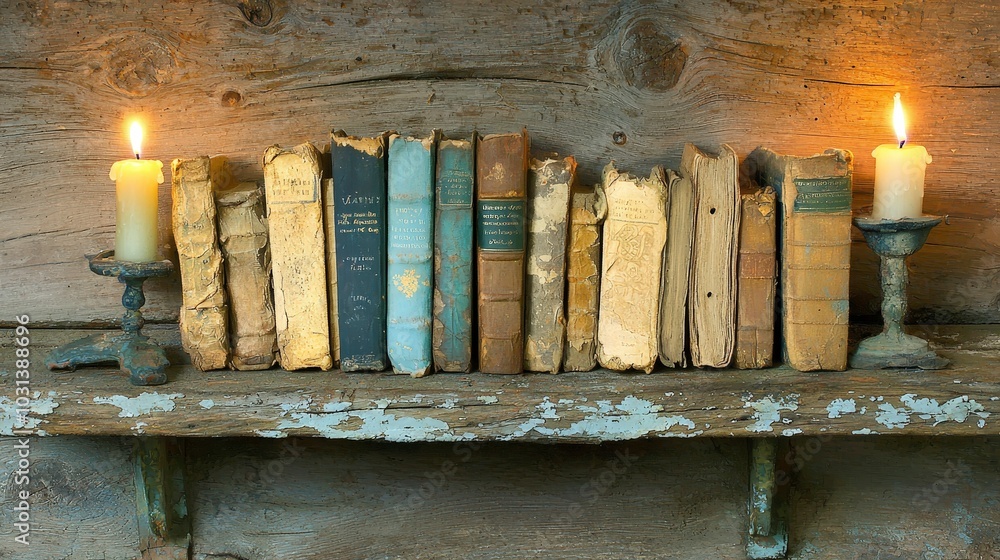 Poster rustic bookshelf with old books and candles in a cozy setting