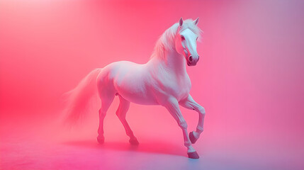 A majestic white horse in a vibrant pink and blue setting.